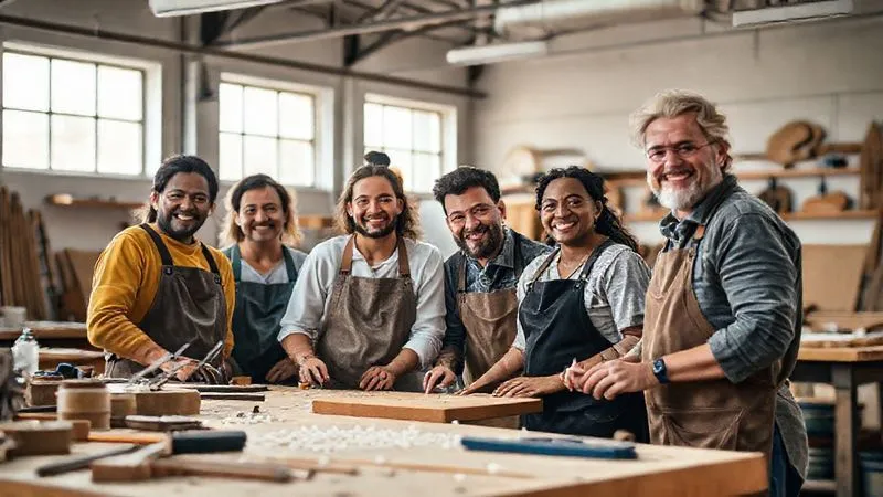 A photorealistic, professional photography, 8K, cinematic lighting, sharp focus, depth of field, shot on a high-end DSLR, of a group of diverse artisans in a clean, modern workshop, smiling and collaborating around a workbench, demonstrating a sense of community and pride in their work. Sunlight streams through large windows, highlighting their focused, happy expressions.
