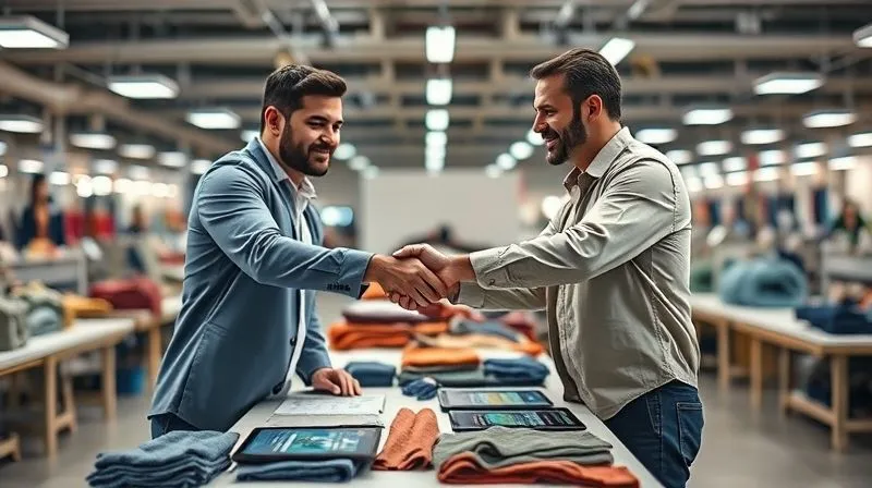 A photorealistic image of two diverse professionals, one representing a brand and the other a supplier, shaking hands firmly over a table laden with fabric swatches and digital tablets displaying supply chain data. The background is a modern, collaborative textile factory floor, with warm, inviting cinematic lighting and a sharp focus on the handshake, depth of field blurring the background, 8K hyper-detailed, professional photography, shot on a high-end DSLR.
