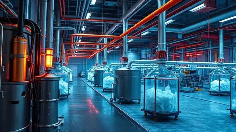 A photorealistic, highly detailed image of a futuristic chemical recycling facility for textiles, with intricate glowing pipelines and vats transforming shredded nylon fabric into clear liquid monomers. Cinematic lighting, sharp focus on the complex machinery, depth of field blurring the background, 8K hyper-detailed, professional photography, shot on a high-end DSLR.