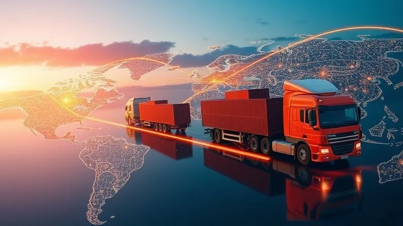 A photorealistic, dynamic image of shipping containers and trucks moving recycled nylon bales across a stylized global map, with glowing lines representing optimized supply routes. The scene is set at dawn, with cinematic lighting, sharp focus on the logistics, depth of field blurring the background, 8K hyper-detailed, professional photography, shot on a high-end DSLR.