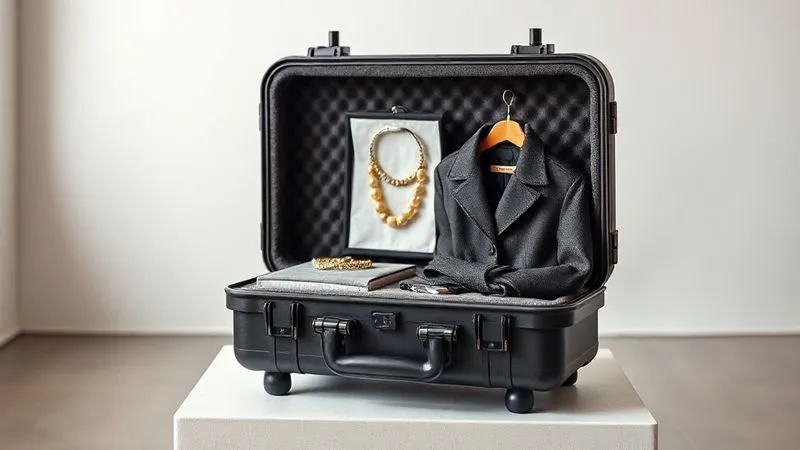 photorealistic, professional photography, 8K, cinematic lighting, sharp focus, depth of field, shot on a high-end DSLR, a meticulously packed, open hard-shell travel case, showcasing luxury fashion samples (e.g., a statement necklace, a finely tailored jacket) nestled in custom-cut foam inserts and acid-free tissue paper, with a tamper-evident seal visible on the edge. The background is a clean, modern studio setting.