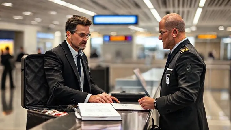 photorealistic, professional photography, 8K, cinematic lighting, sharp focus, depth of field, shot on a high-end DSLR, a professional-looking individual (designer or logistics manager) calmly and confidently interacting with a uniformed customs officer at an airport counter. An open, organized travel case containing high-value fashion samples is partially visible, and a neatly presented folder of documents is on the counter. The interaction is respectful and efficient.