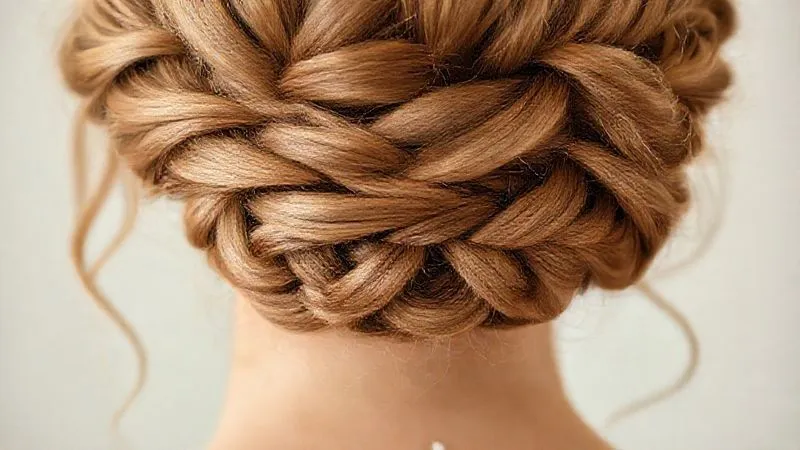 A close-up, photorealistic image of a bridal updo's base, showing subtle backcombing and a small, tightly braided section hidden beneath the styled hair, ready to anchor a veil. Cinematic lighting, sharp focus, 8K.