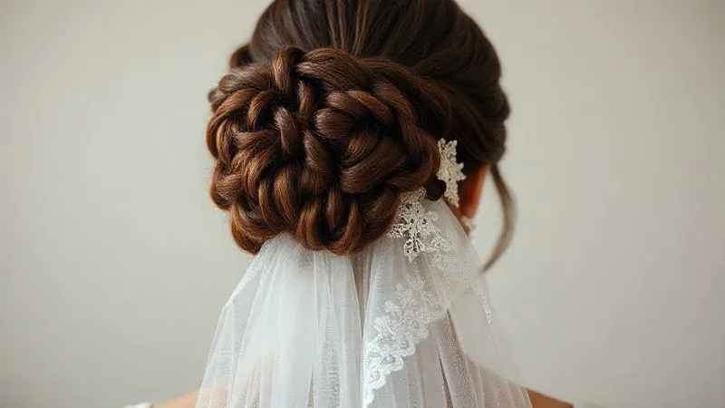 A photorealistic, professional photography shot from behind a bride, showing the elegant placement of a heavy, lace-edged veil secured at the mid-crown of an intricate updo. The updo appears perfectly intact, and the veil cascades gracefully. Soft natural light, 8K, sharp focus.