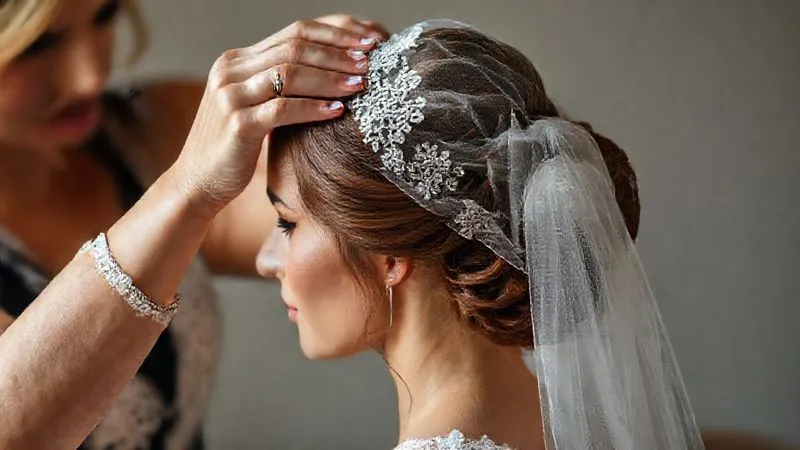 A professional bridal hair stylist with gentle hands, meticulously securing a heavy lace veil into a bride's elaborate updo during a trial, focused expressions, soft studio lighting, photorealistic, 8K.