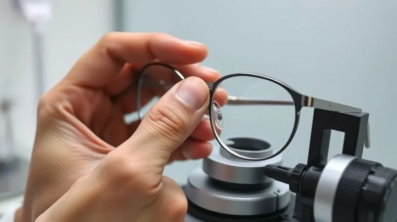 A photorealistic detailed shot of an optician's hands expertly adjusting the nose pads of a pair of metal optical frames on a measuring device. The focus is on the precision and delicate nature of the adjustment, with soft, clinical lighting and a clean, professional background, 8K hyper-detailed.