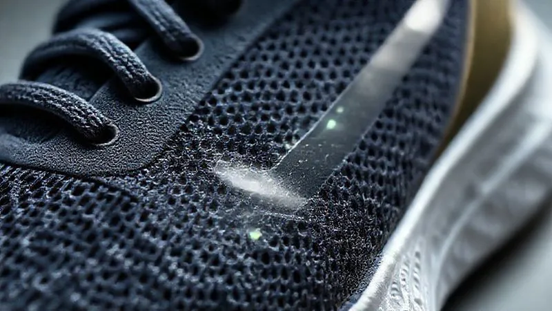 Photorealistic, professional photography, 8K, cinematic lighting, sharp focus, depth of field, shot on a high-end DSLR. A close-up, macro shot of an advanced engineered knit athletic shoe upper, showing intricate, varying weave patterns. Some areas are densely woven with fine, strong fibers, while others are more open and breathable. A thin, translucent TPU film is subtly fused onto a high-wear zone, creating a seamless, reinforced look. The material glows slightly, emphasizing its high-tech composition.
