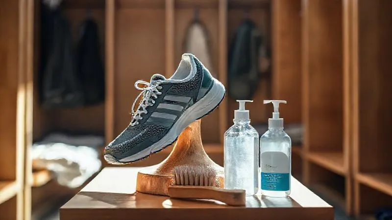 Photorealistic, professional photography, 8K, cinematic lighting, sharp focus, depth of field, shot on a high-end DSLR. A pair of well-maintained, clean athletic shoes resting on a wooden shoe tree, with a soft cleaning brush and a bottle of specialized shoe cleaner beside them. The background is a clean, minimalist locker room or home gym, emphasizing the concept of care and longevity. Sunlight streams in, creating a fresh, inviting atmosphere.