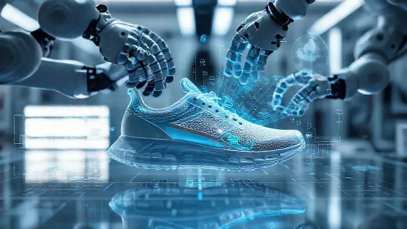 Photorealistic, professional photography, 8K, cinematic lighting, sharp focus, depth of field, shot on a high-end DSLR. A futuristic, minimalist athletic shoe being assembled by delicate, precise robotic arms in a sterile, high-tech lab. Holographic blueprints and data streams are projected around the shoe, showing intricate material layers and biomechanical stress points. The scene conveys advanced manufacturing, AI integration, and bespoke design for ultimate performance and durability.