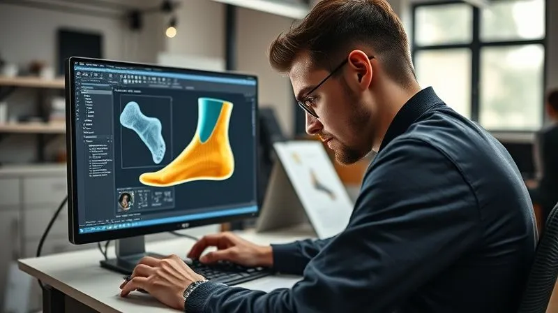 A photorealistic image of a skilled footwear designer intently working on a 3D CAD software interface, displaying a complex digital shoe last and a superimposed 3D foot scan, in a modern, well-lit design studio, professional photography, 8K, cinematic lighting, sharp focus, depth of field, shot on a high-end DSLR, emphasizing precision and innovation.