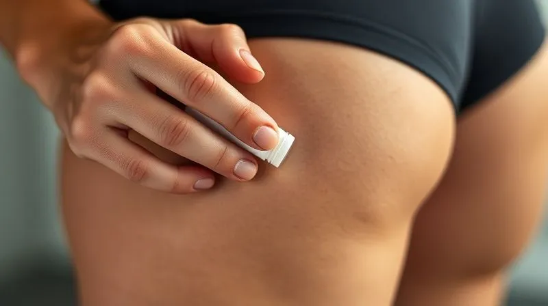 A close-up, photorealistic shot of an athlete's hand gently applying a translucent anti-chafing balm stick to their inner thigh, with seamless activewear visible, cinematic lighting, sharp focus on the balm and skin, depth of field blurring the background, 8K hyper-detailed.