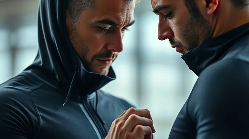 A photorealistic shot of an athlete gently inspecting the fabric of their seamless activewear for signs of wear and tear, like slight pilling or stretching, with a focused, discerning expression. Professional photography, 8K, cinematic lighting, sharp focus on the fabric, depth of field, shot on a high-end DSLR.
