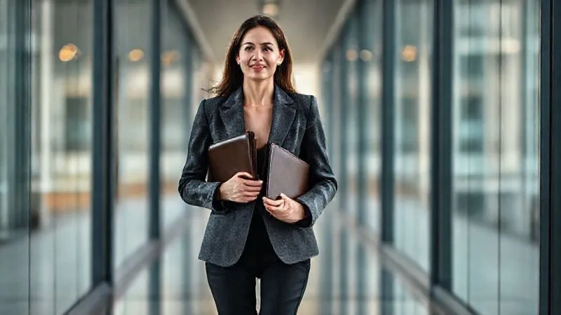 A photorealistic, professional photography, 8K, cinematic lighting, sharp focus, depth of field, shot on a high-end DSLR of a woman in a stylish, dark grey tailored blazer and black trousers, walking confidently down a modern, glass-filled corridor after a successful meeting. She carries a sleek leather portfolio, a subtle smile playing on her lips, exuding an air of accomplishment and ease. The background is blurred, focusing on her poised and professional demeanor.