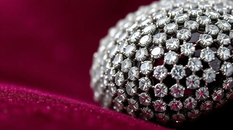 A stunning, macro close-up of a perfectly executed micro-pavé jewelry piece, showcasing numerous tiny, brilliant gemstones set flawlessly in polished metal, with no visible chipping or imperfections. The light catches the facets of the stones, creating dazzling sparkle. Photorealistic, professional photography, 8K, cinematic lighting, sharp focus on the gemstones and metalwork, depth of field blurring a luxurious velvet background, shot on a high-end DSLR, conveying masterful craftsmanship.