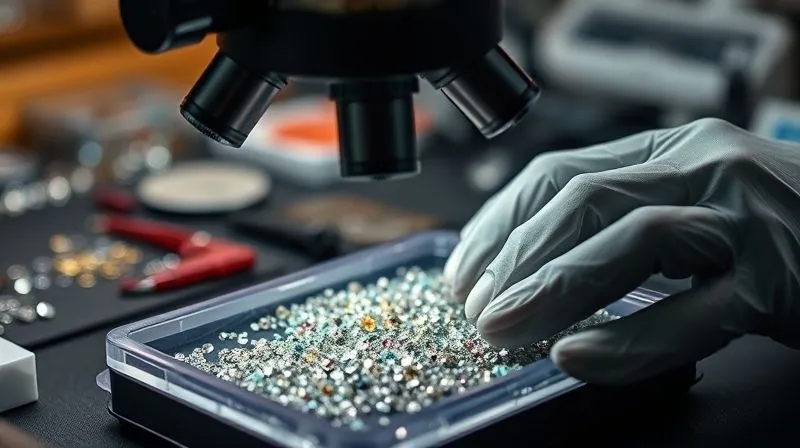 A close-up, photorealistic shot of a jeweler's hands, wearing nitrile gloves, meticulously inspecting a tray of loose, tiny gemstones under a powerful magnifying loupe or jeweler's microscope. The stones are sparkling, and the jeweler's eye is focused, conveying precision and attention to detail. Professional photography, 8K, cinematic lighting, sharp focus on the stones and the inspection process, depth of field subtly blurring the background of a well-organized workbench, shot on a high-end DSLR.