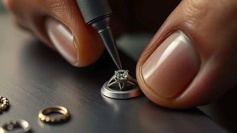 A highly detailed, photorealistic macro shot of a jeweler's hands in action, demonstrating a controlled micro-pavé setting technique. A specialized graver or beading tool is delicately manipulating metal beads around a tiny gemstone, which is perfectly seated in a metal surface. The jeweler's fingers are steady and precise. Professional photography, 8K, cinematic lighting, sharp focus on the tool, gemstone, and metalwork, with a shallow depth of field blurring the background, shot on a high-end DSLR, emphasizing skill and precision.