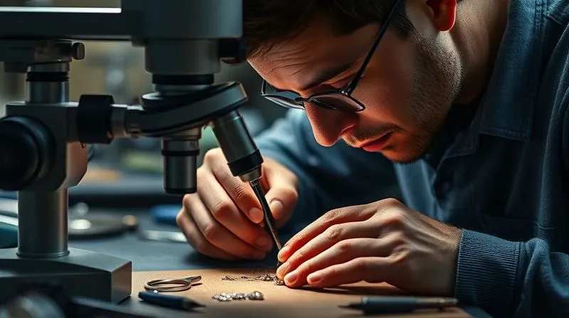 A photorealistic, professional photograph showing a skilled jeweler intently focused, practicing micro-pavé setting techniques on a scrap piece of metal, using a microscope and various hand tools. The setting bench is organized, with light glinting off the tools. The image conveys dedication to craft, learning, and continuous improvement. 8K, cinematic lighting, sharp focus on the jeweler's hands and the practice piece, with a soft depth of field, shot on a high-end DSLR.
