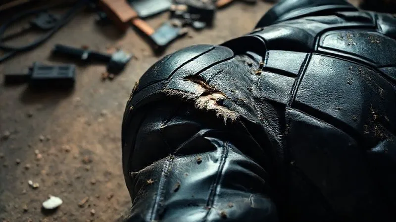 Photorealistic, professional photography, 8K, cinematic lighting, sharp focus, depth of field, shot on a high-end DSLR. A close-up of a high-tech superhero costume's shoulder seam, visibly torn and frayed, lying on a dusty film set floor amidst discarded props, conveying a sense of production delay and frustration. Low angle, dramatic shadows.