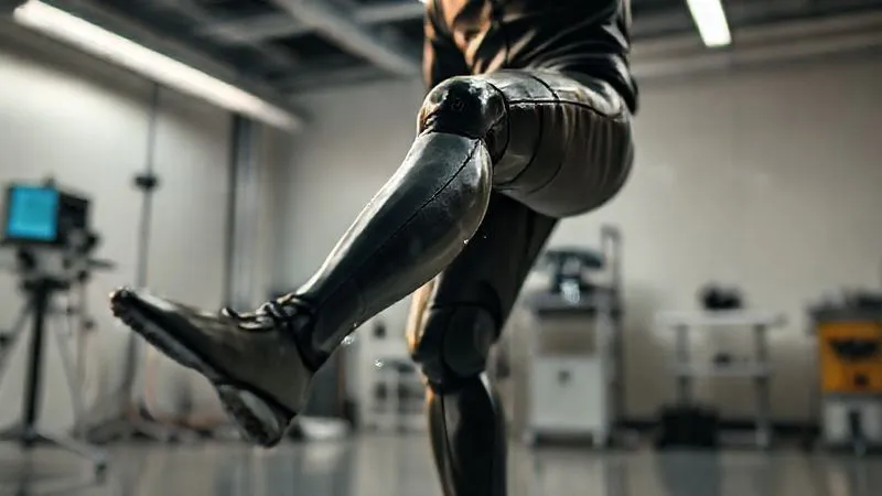 Photorealistic, professional photography, 8K, cinematic lighting, sharp focus, depth of field, shot on a high-end DSLR. A high-tech, reinforced film costume being rigorously tested on a sophisticated motion capture dummy in a research lab setting. The dummy is mid-kick, and the costume material at the knee is visibly stretching to its limit, with subtle digital stress indicators overlaid, conveying scientific testing and validation.