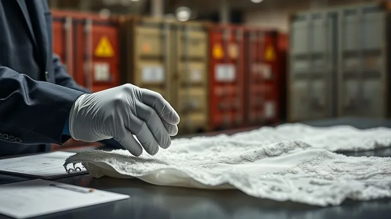 A photorealistic image of a customs officer's gloved hands meticulously examining a delicate, intricately beaded white wedding gown on an inspection table, with a blurred background of shipping containers and official paperwork. The lighting is professional and focused on the gown, highlighting its fragility and value. 8K hyper-detailed, shot on a high-end DSLR, conveying the tension and precision of the moment.