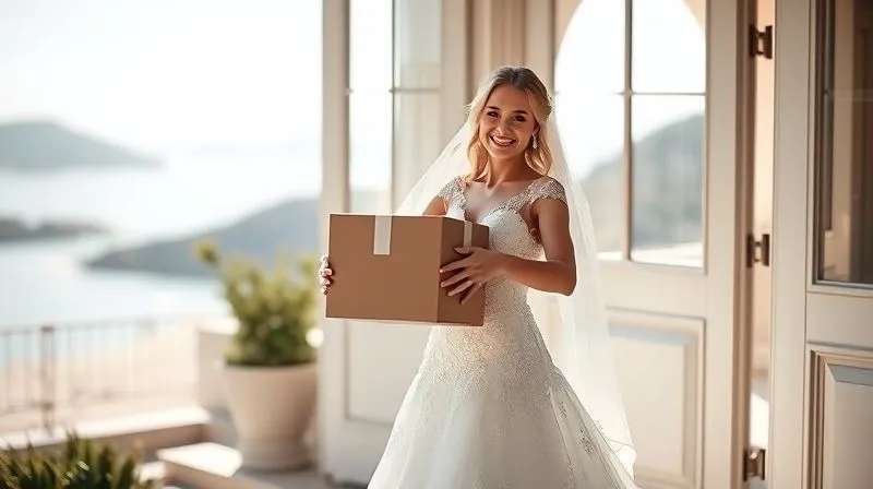 A photorealistic image of a radiant bride, in a stunning wedding gown, embracing a delivery person holding a luxury shipping box, on the doorstep of a beautiful destination wedding venue. The background features scenic views, and the lighting is soft and joyful. Sharp focus on the happy interaction, depth of field blurring the distant scenery. 8K hyper-detailed, shot on a high-end DSLR, conveying successful delivery and emotional relief.