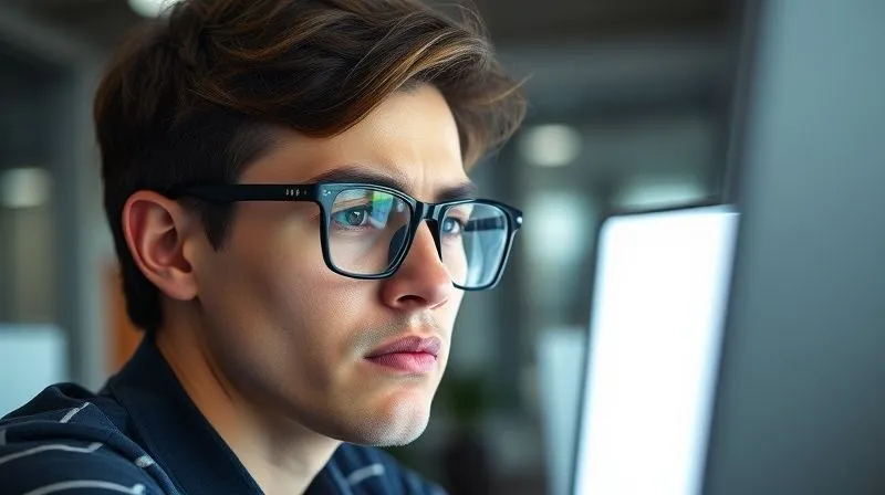 A photorealistic image of a person in a modern office setting, subtly squinting at a bright computer screen. Their trendy glasses are slightly askew, indicating discomfort. The lighting is harsh, and the person's face shows mild fatigue and irritation. Professional photography, 8K, cinematic lighting, sharp focus, depth of field. No text or logos.