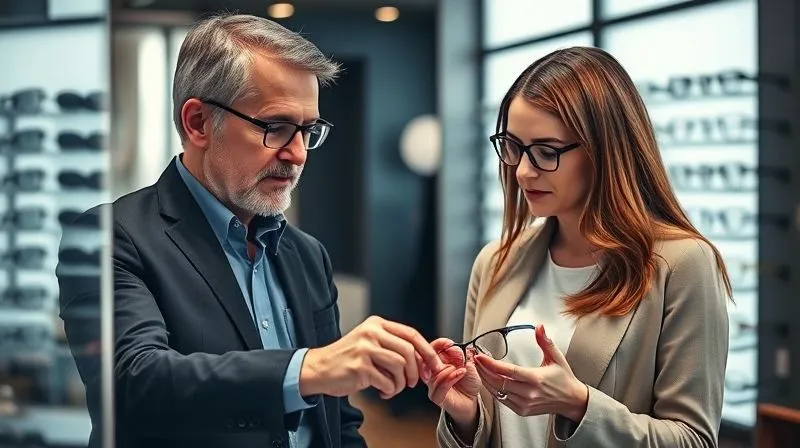 A photorealistic, professional photography, 8K, cinematic lighting, sharp focus, depth of field image of a friendly, professional optician (mid-40s to 50s, embodying expertise) gently explaining lens technology to a receptive client (mid-30s). The optician is pointing to a display of different lens types or coatings, and the client is engaged, holding a stylish pair of frames. The setting is a modern, well-lit optical boutique. No text or logos.