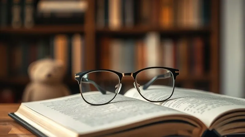 A photorealistic, professional photography, 8K, cinematic lighting, sharp focus, depth of field image of a pair of elegant, modern eyeglasses resting gently on an open, slightly worn book. A soft, warm light illuminates the scene, creating a peaceful and comfortable atmosphere. The background is a blurred, cozy reading nook or a sophisticated home library, symbolizing knowledge, comfort, and the harmonious blend of tradition and modernity. No text or logos.