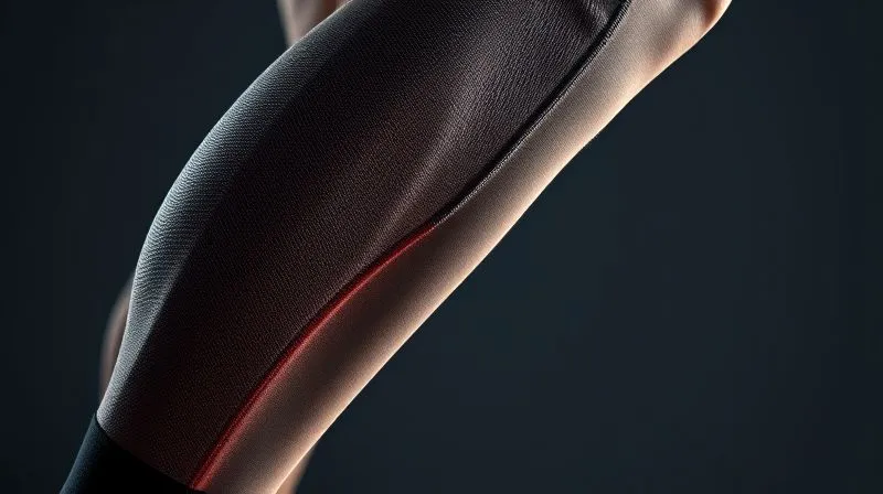Photorealistic, professional photography, 8K, cinematic lighting, sharp focus, depth of field, shot on a high-end DSLR. A close-up of an athlete's calf muscle, showing the subtle tension of a compression sleeve. The fabric gently adheres to the contours of the muscle, highlighting the intricate weave of technical activewear. A faint glow emanates from the muscle, symbolizing energy and performance, with a slight ripple effect on the skin beneath the fabric, suggesting subtle discomfort or pressure points if the fit were off. The background is a blurred, dynamic sports environment.