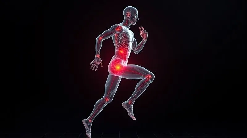 Photorealistic, professional photography, 8K, cinematic lighting, sharp focus, depth of field, shot on a high-end DSLR. A 3D body scan of an elite athlete, represented by a glowing, translucent human form composed of millions of tiny data points, with a focus on specific muscle groups like quadriceps and hamstrings. The background is dark and futuristic, with subtle grid lines, emphasizing precision and technology. The athlete is in a dynamic pose, like mid-stride or a powerful jump, with areas of potential discomfort highlighted in a subtle red overlay, while perfectly fitted areas are a vibrant blue.