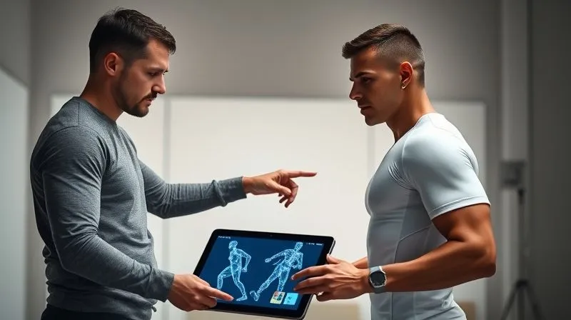 Photorealistic, professional photography, 8K, cinematic lighting, sharp focus, depth of field, shot on a high-end DSLR. A designer and an elite athlete in a studio setting, with the athlete in specialized activewear. The designer is pointing to a specific area on the garment (e.g., a seam line on the shoulder), while the athlete is demonstrating a movement. There's a digital tablet showing 3D body scan data or design schematics in the foreground, indicating a collaborative, iterative design process. Soft, analytical lighting highlights the details of the activewear and the focused expressions of both individuals.