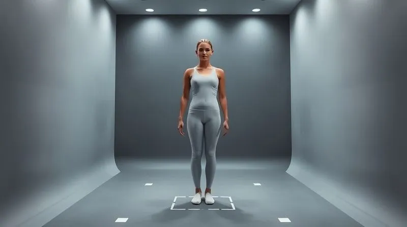 A person standing in a clearly defined, neutral scanning pose within a modern, minimalist 3D body scanner booth. The booth has soft, even lighting, and subtle alignment markers are visible on the floor and wall, guiding the posture. The person is wearing form-fitting, light-colored clothing. Photorealistic, professional photography, 8K, cinematic lighting, sharp focus, depth of field, shot on a high-end DSLR.