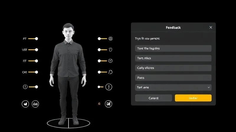 A digital interface showing a 3D avatar trying on a garment, with interactive sliders for fit adjustments on the side. On the other side, a pop-up feedback form with text fields and radio buttons for specific fit areas. The overall aesthetic is clean, modern UI, with a focus on user interaction. Photorealistic, professional photography, 8K, cinematic lighting, sharp focus, depth of field, shot on a high-end DSLR.