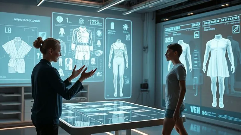 A futuristic fashion design studio, with holographic displays showing garment patterns being manipulated with gestures. Designers collaborate with AI interfaces that project 3D avatars wearing the garments. The environment is sleek, illuminated by soft, glowing light, indicating innovation and advanced technology. Photorealistic, professional photography, 8K, cinematic lighting, sharp focus, depth of field, shot on a high-end DSLR.