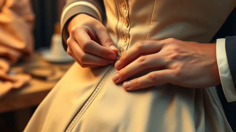 A photorealistic, professional photography, 8K, cinematic lighting, sharp focus, depth of field, shot on a high-end DSLR. Close-up on a master tailor's hands meticulously hand-stitching intricate internal boning into the silk lining of a haute couture dress, illustrating precision and hidden structural support. The background shows luxurious fabrics and tools, emphasizing craftsmanship. Warm, focused light highlights the delicate work.