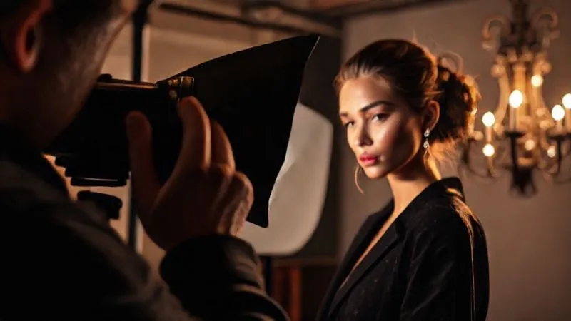 A photorealistic behind-the-scenes shot of a fashion photographer gelling a studio strobe with a full CTB gel, preparing to balance it with ambient tungsten light. The model is visible in the background, slightly out of focus, near an old chandelier. Professional photography, 8K, cinematic lighting, sharp focus on the gelling process, depth of field, shot on a high-end DSLR.