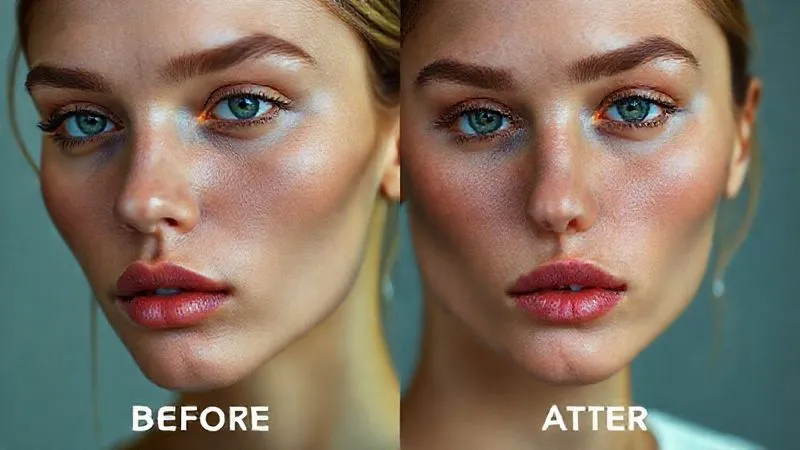 A photorealistic split image showing a fashion model's face before and after post-production color correction. The 'before' side shows inconsistent skin tones with a yellow-green cast, while the 'after' side displays even, natural, and vibrant skin tones. Software interface elements for color sliders are subtly visible. Professional photography, 8K, cinematic lighting, sharp focus, depth of field, shot on a high-end DSLR.