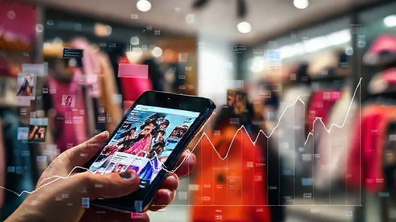 Photorealistic, professional photography, 8K, cinematic lighting, sharp focus, depth of field, shot on a high-end DSLR. A vibrant, chaotic collage of smartphone screens displaying rapidly changing teen fashion trends, social media feeds, and 'trending now' hashtags, with a blurred background of a fashion retail store. The image conveys the speed and unpredictability of modern teen style influences. A subtle digital graph shows sharp peaks and valleys.