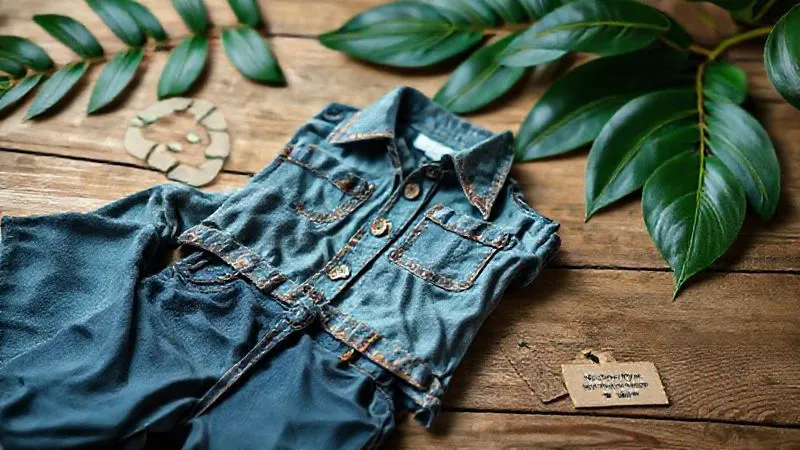 Photorealistic, professional photography, 8K, cinematic lighting, sharp focus, depth of field, shot on a high-end DSLR. A creative still life showing a stylish teen's outfit made from upcycled fabrics and sustainable materials, laid out neatly on a wooden surface with a backdrop of green leaves and a subtle 'reduce, reuse, recycle' symbol. The image evokes eco-consciousness and modern fashion. A small tag indicates 'limited edition, repurposed'.