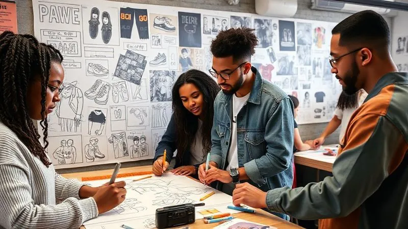 A photorealistic, professional photography shot of diverse young adults actively participating in a creative workshop, sketching designs, collaborating on a large mood board filled with streetwear imagery. The atmosphere is vibrant and collaborative, with cinematic lighting, sharp focus on their engaged faces, 8K hyper-detailed, shot on a high-end DSLR.