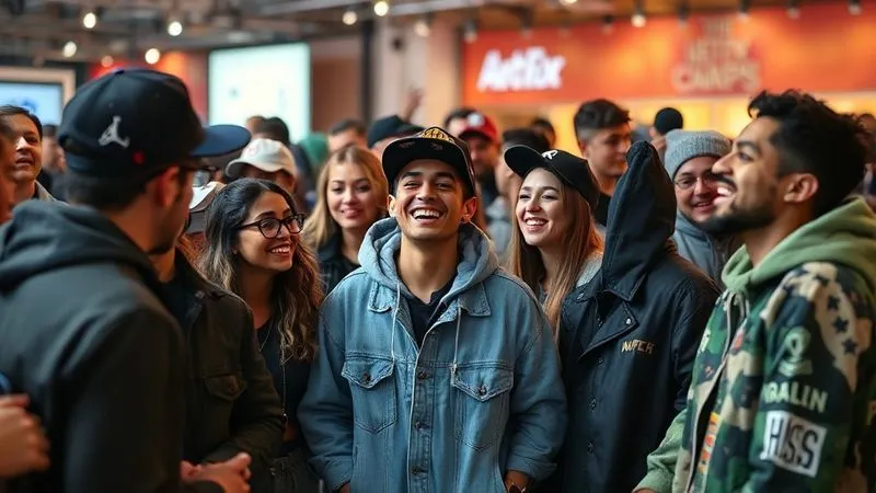 A photorealistic, professional photography shot capturing a diverse group of streetwear enthusiasts at a vibrant, well-attended brand pop-up event, laughing, interacting, and showcasing their unique styles. Cinematic lighting, sharp focus on the lively crowd and branded elements, 8K hyper-detailed, shot on a high-end DSLR.