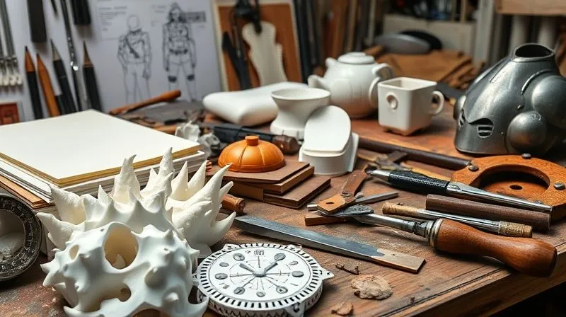 A photorealistic close-up of a costume designer's workbench, showcasing various innovative materials like sculpted EVA foam, sheets of Worbla, and advanced fabrics alongside traditional metalworking tools. The materials are arranged as if being considered for a complex fantasy armor piece, with sketches in the background. Cinematic lighting, sharp focus on the textures, depth of field. Professional photography, 8K, shot on a high-end DSLR.