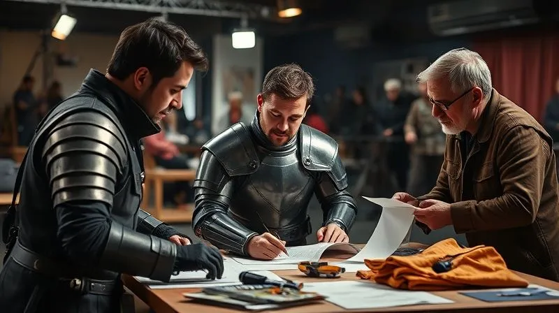 A photorealistic image of a diverse creative team – a costume designer, an actor in a partial armor mock-up, and a director – intently discussing movement and design on a bustling film set. They are gathered around a table filled with sketches and material samples. Cinematic lighting, sharp focus on their engaged faces, depth of field blurring the background. Professional photography, 8K, shot on a high-end DSLR, conveying collaborative problem-solving.