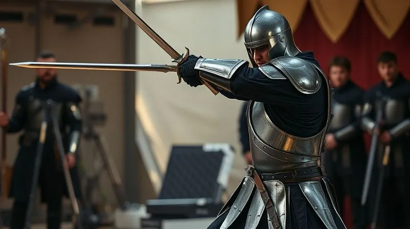 A photorealistic, dynamic shot of an actor in full fantasy armor performing a practiced sword swing on a film set, observed by a costume designer and stunt coordinator. The armor clearly articulates with the actor's movement. Cinematic lighting, sharp focus on the action, depth of field blurring the background crew. Professional photography, 8K, shot on a high-end DSLR, capturing the fluidity of movement.