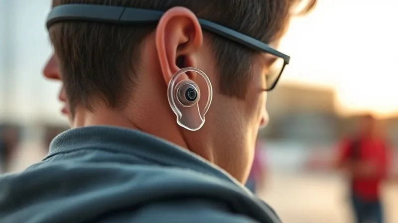 A close-up, photorealistic image of a transparent silicone ear hook securely fitted onto the temple arm of a pair of stylish sports glasses, against a subtly blurred background of an active outdoor scene. Professional photography, 8K, cinematic lighting, sharp focus, depth of field.