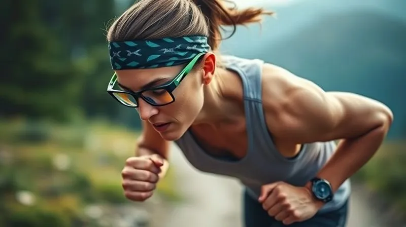 A photorealistic, professional shot of an athlete (e.g., trail runner) mid-stride, wearing a performance headband with integrated eyewear loops, keeping their glasses perfectly stable and sweat-free. Dynamic pose, 8K, cinematic lighting, sharp focus on the secure eyewear and headband, depth of field blurring the trail.