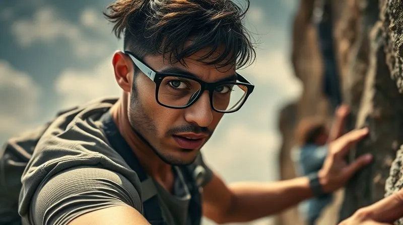 A photorealistic and inspiring image of a person confidently engaging in a high-intensity activity, like rock climbing or intense yoga, with their eyewear perfectly secure and unnoticed. The focus is on their determined expression and the fluidity of their movement, with the secure glasses being an integral, harmonious part of their gear. Professional photography, 8K, cinematic lighting, sharp focus, depth of field.