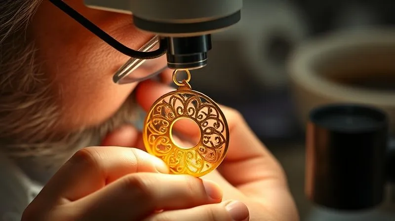 A master jeweler using a high-magnification microscope to inspect a freshly cast intricate gold earring, searching for any signs of porosity. The lighting is bright and focused, highlighting the delicate details of the jewelry. Professional photography, 8K, cinematic lighting, sharp focus on the earring, depth of field, shot on a high-end DSLR.