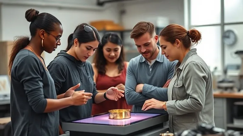 A diverse team of skilled jewelers and casting technicians in a modern, clean jewelry workshop, collaborating and discussing a casting process on a digital display. They are engaged and professional, representing expertise and teamwork. Professional photography, 8K, cinematic lighting, sharp focus, depth of field, shot on a high-end DSLR.