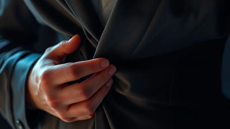 photorealistic, professional photography, 8K, cinematic lighting, sharp focus, depth of field, shot on a high-end DSLR, close-up of a theatrical costume's hidden magnetic snap closure, hands with slight motion blur demonstrating the quick release, intricate fabric details, backstage lighting
